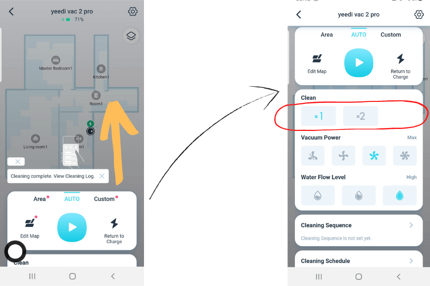 Anzahl der Reinigungsfahrten wird in der Yeedi App eingestellt 